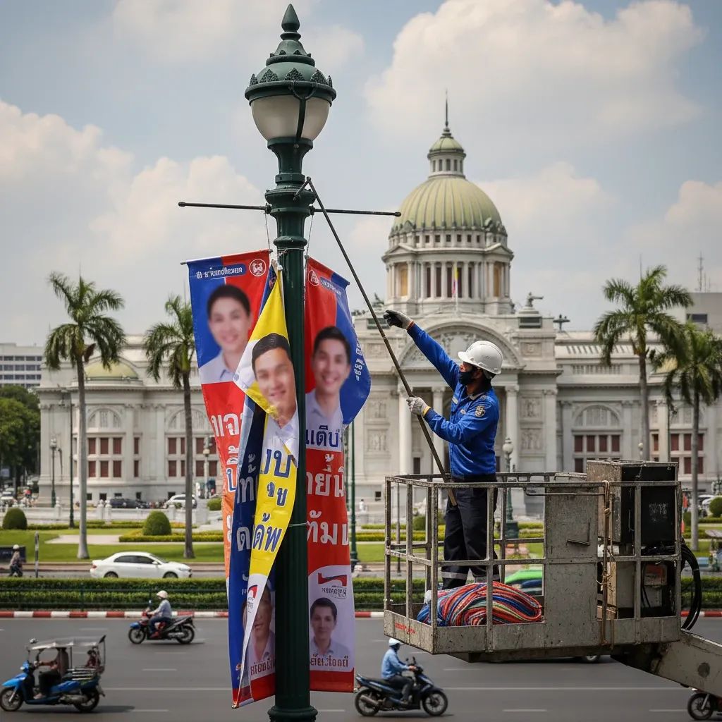 Worker removes Thai election banner near parliament, reflecting new crackdown on controversial 'kiki' slang