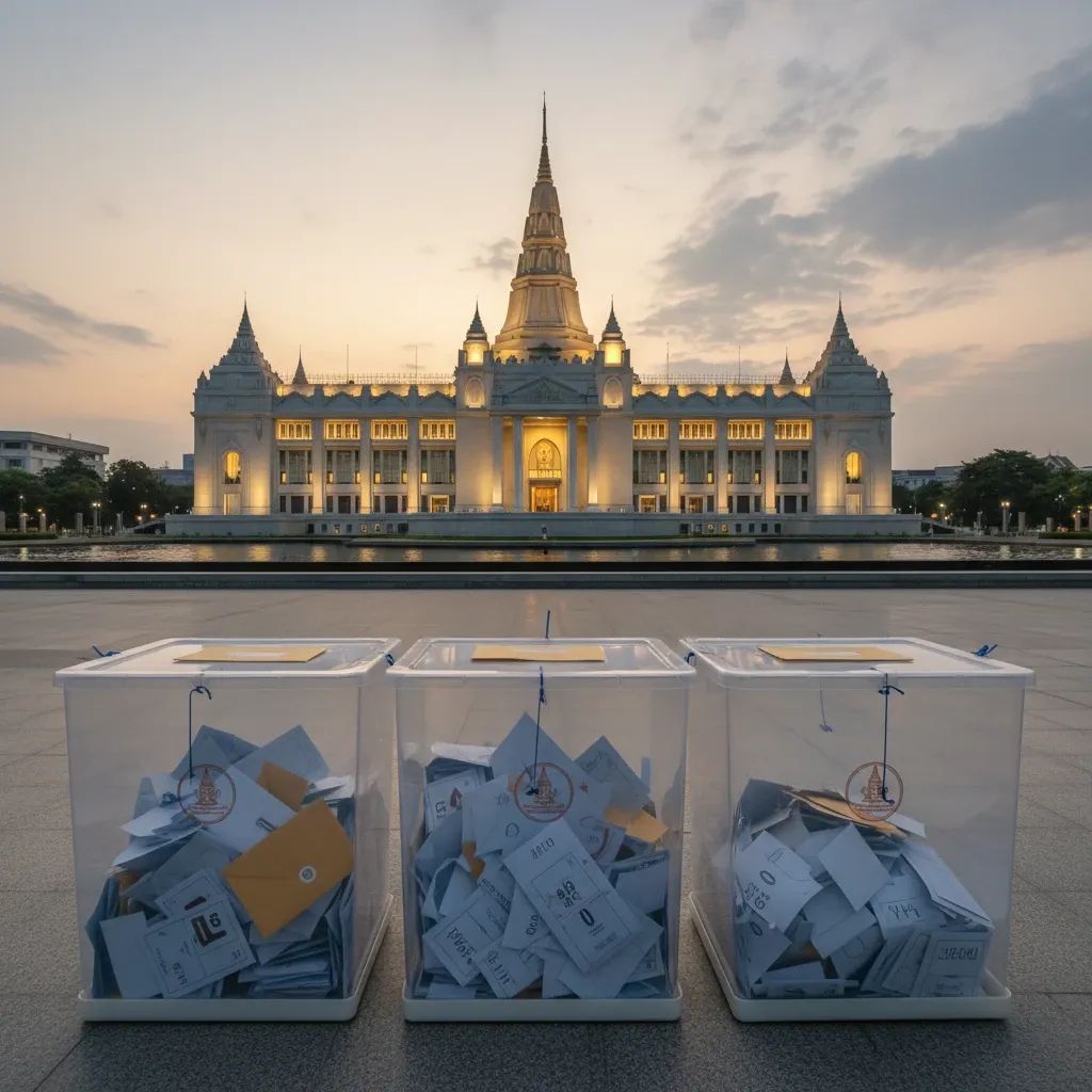 Ballot boxes set up outside the Thai Parliament building at dusk
