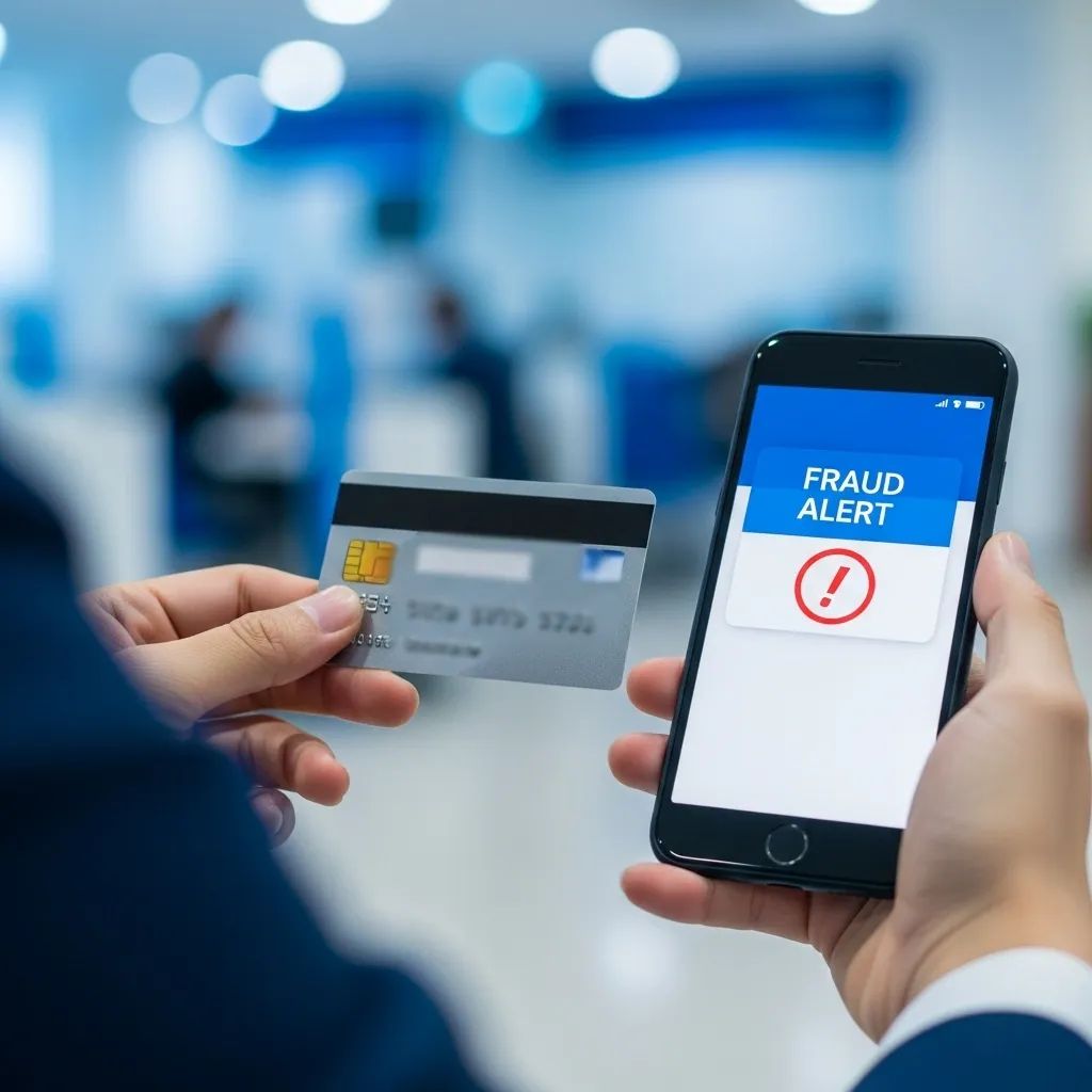 Hands holding a credit card and smartphone in a Thai bank branch showing a fraud alert