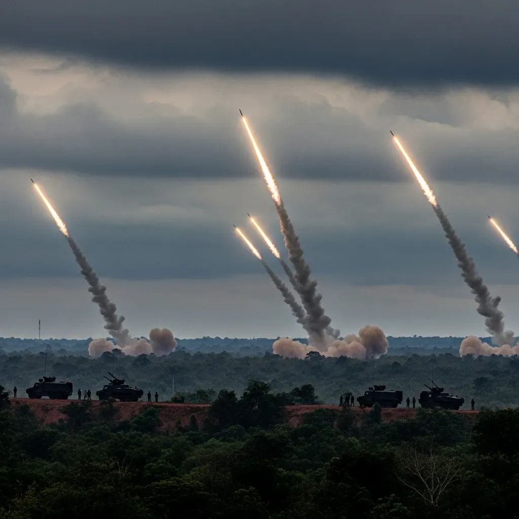Rockets firing across a forested Thailand-Cambodia border landscape under a stormy sky
