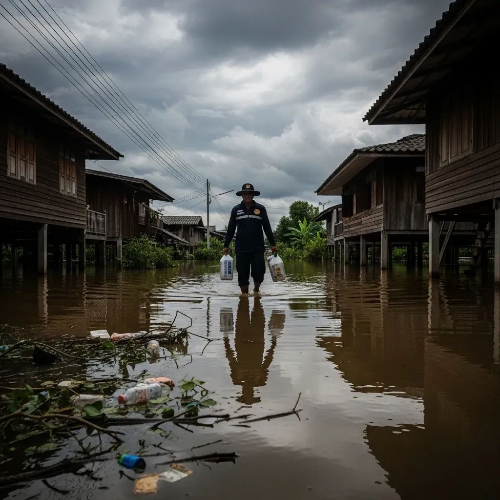Flooded Thai village street with an emergency worker wading through water