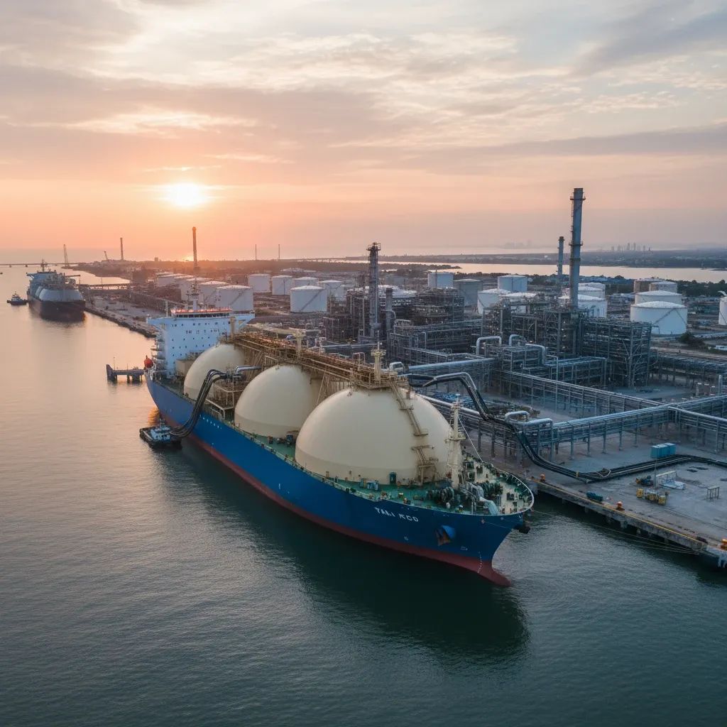 LNG carrier ship docked at Thailand's gas terminal facility for energy import operations