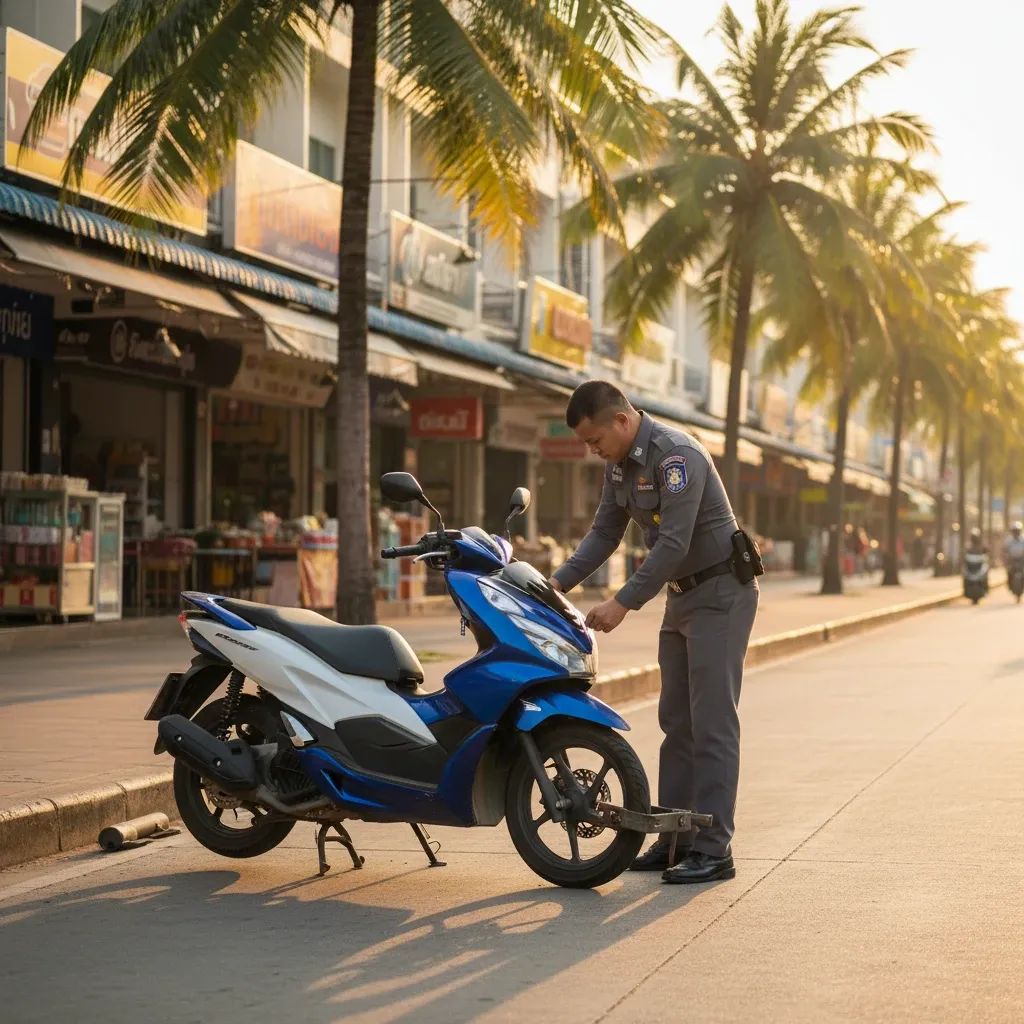 Officer clamping a scooter on a Pattaya sidewalk during enforcement patrol