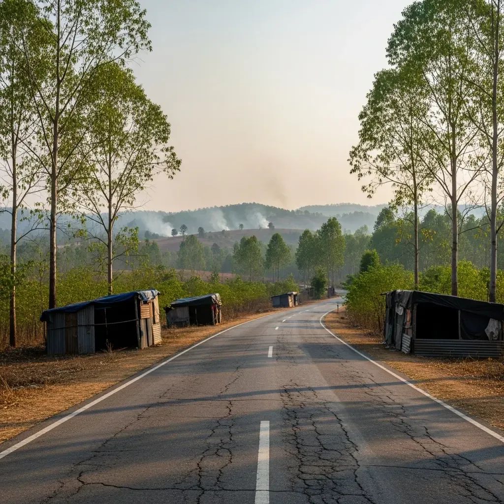 Smoke rising over deserted road and makeshift shelters in Thailand's Dangrek border region