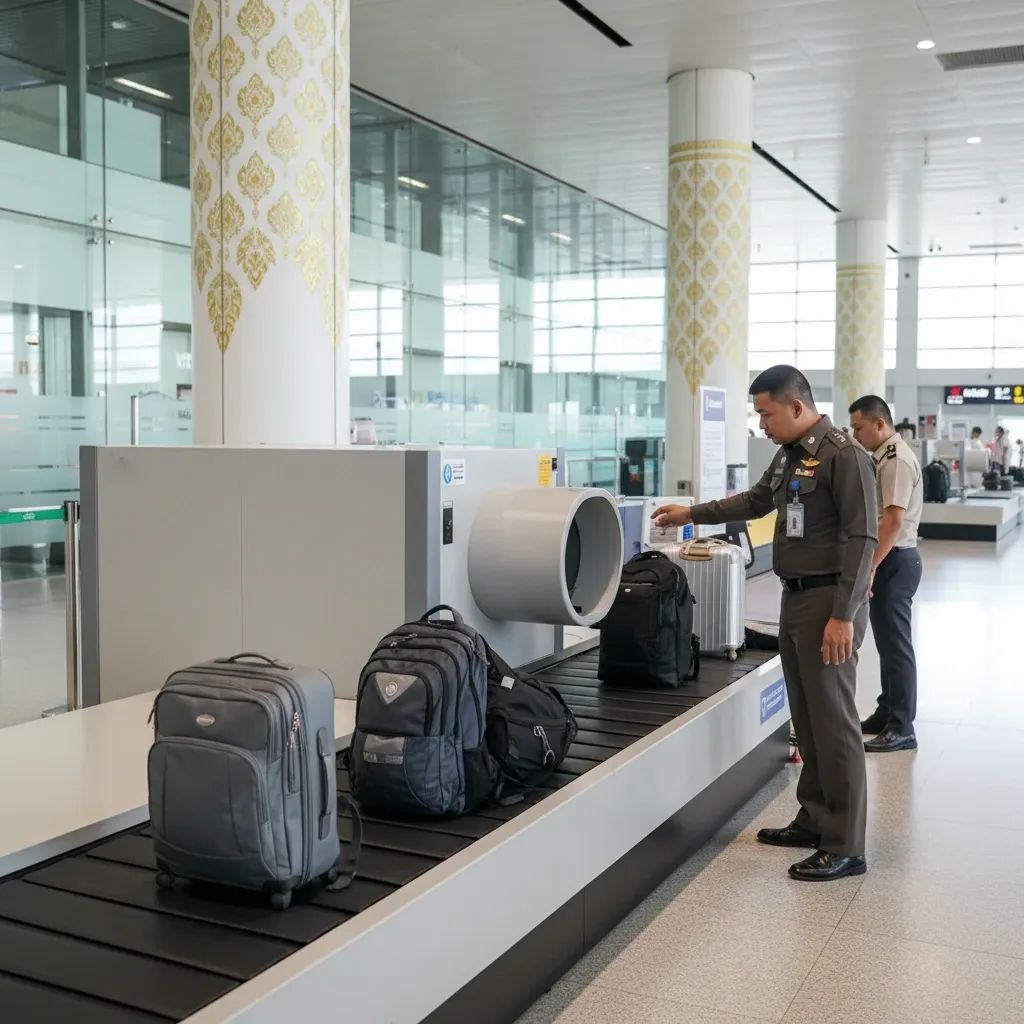 Luggage being scanned at a Phuket airport security checkpoint