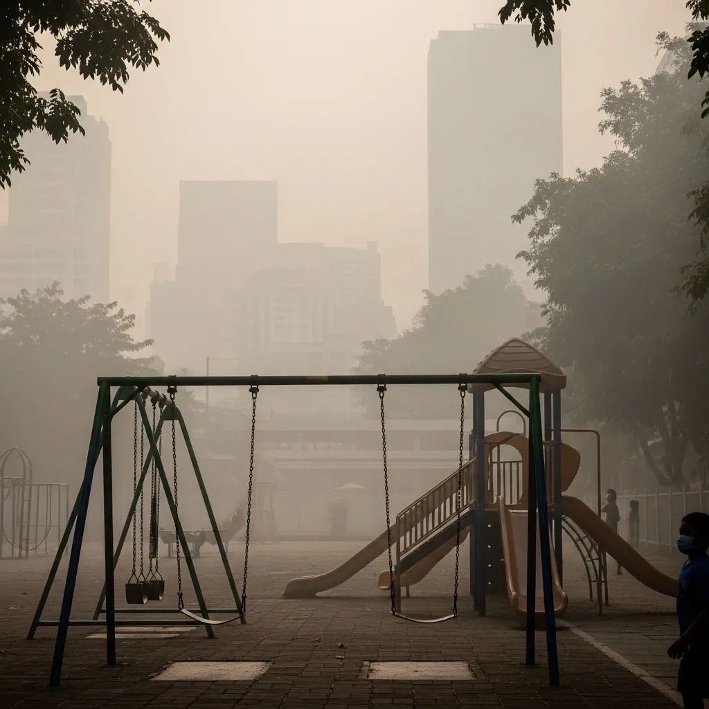 Empty school playground shrouded in heavy smog over Bangkok skyline