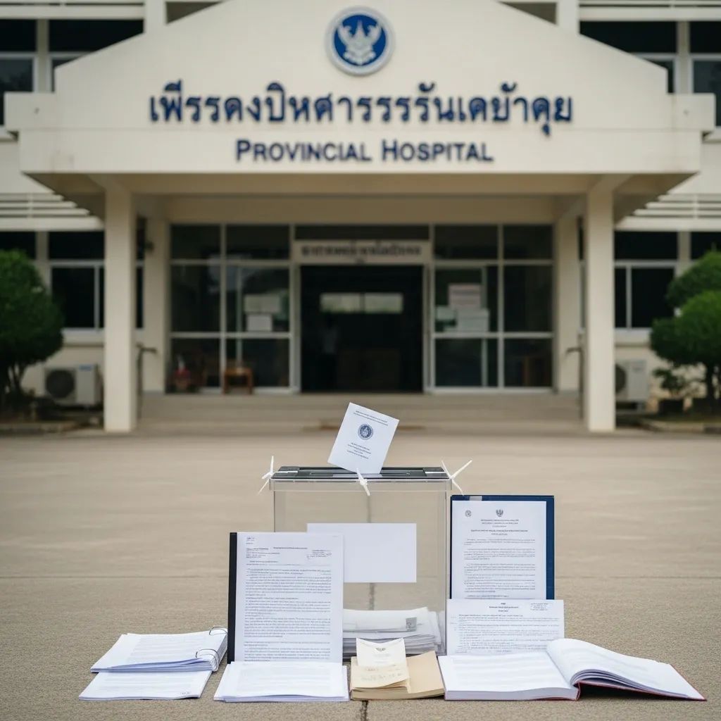 Provincial hospital entrance in southern Thailand with a ballot box and legal documents in the foreground