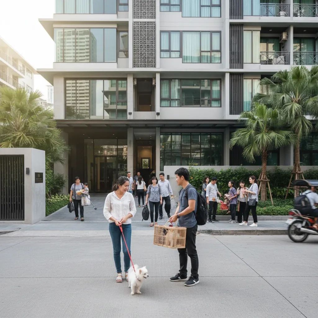 Pet owners with controlled dog and cat near residential building in Thailand