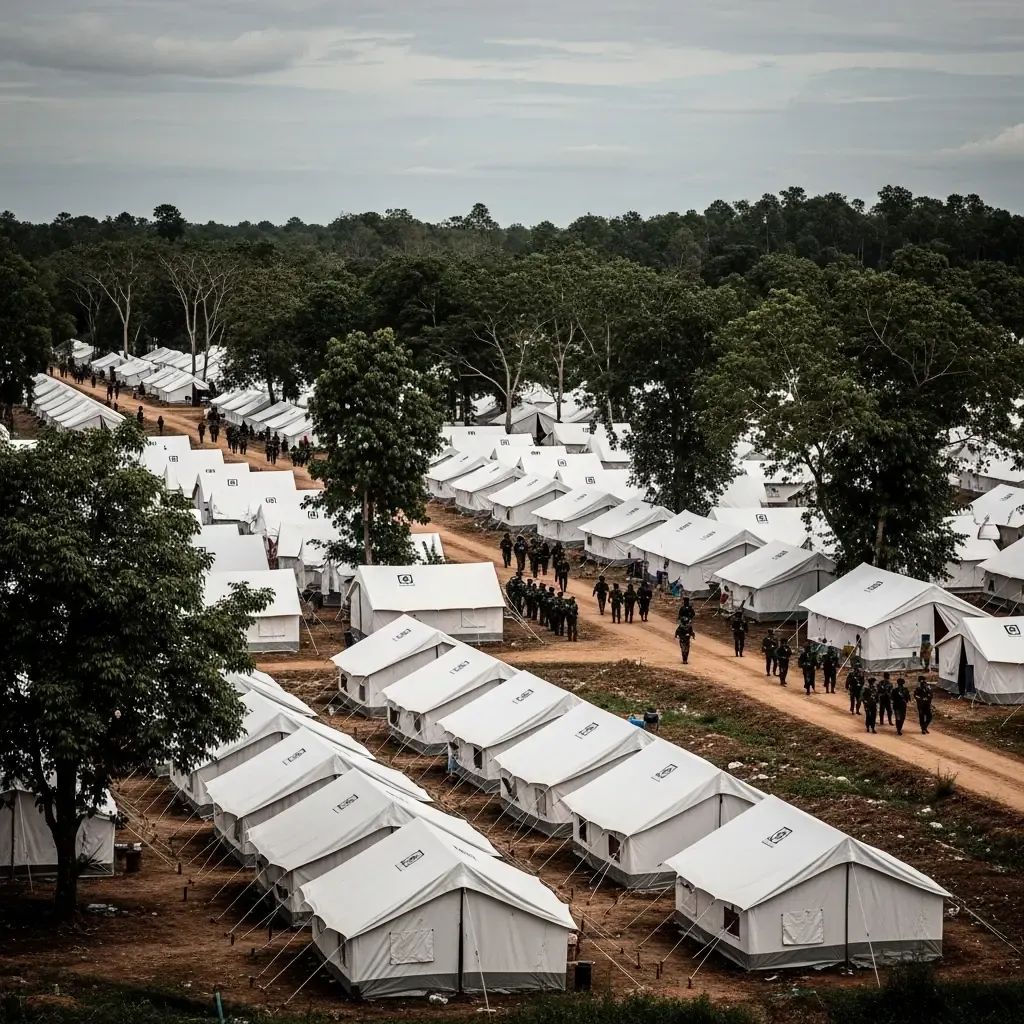 Rows of refugee tents and Thai soldiers patrolling near Sa Kaeo border camp
