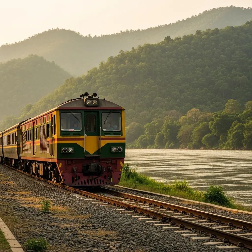 Diesel train stopped on Kanchanaburi River Khwae tourist line after brake failure accident