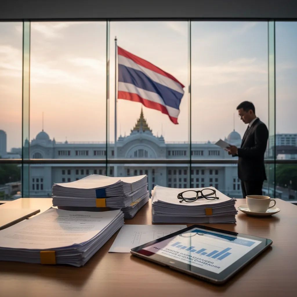 Thai government building with official handling political documents at news desk