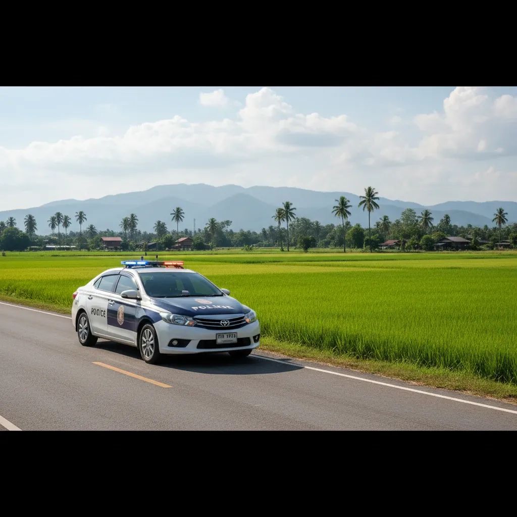Thai police vehicle responding to crime scene on rural Phichit road