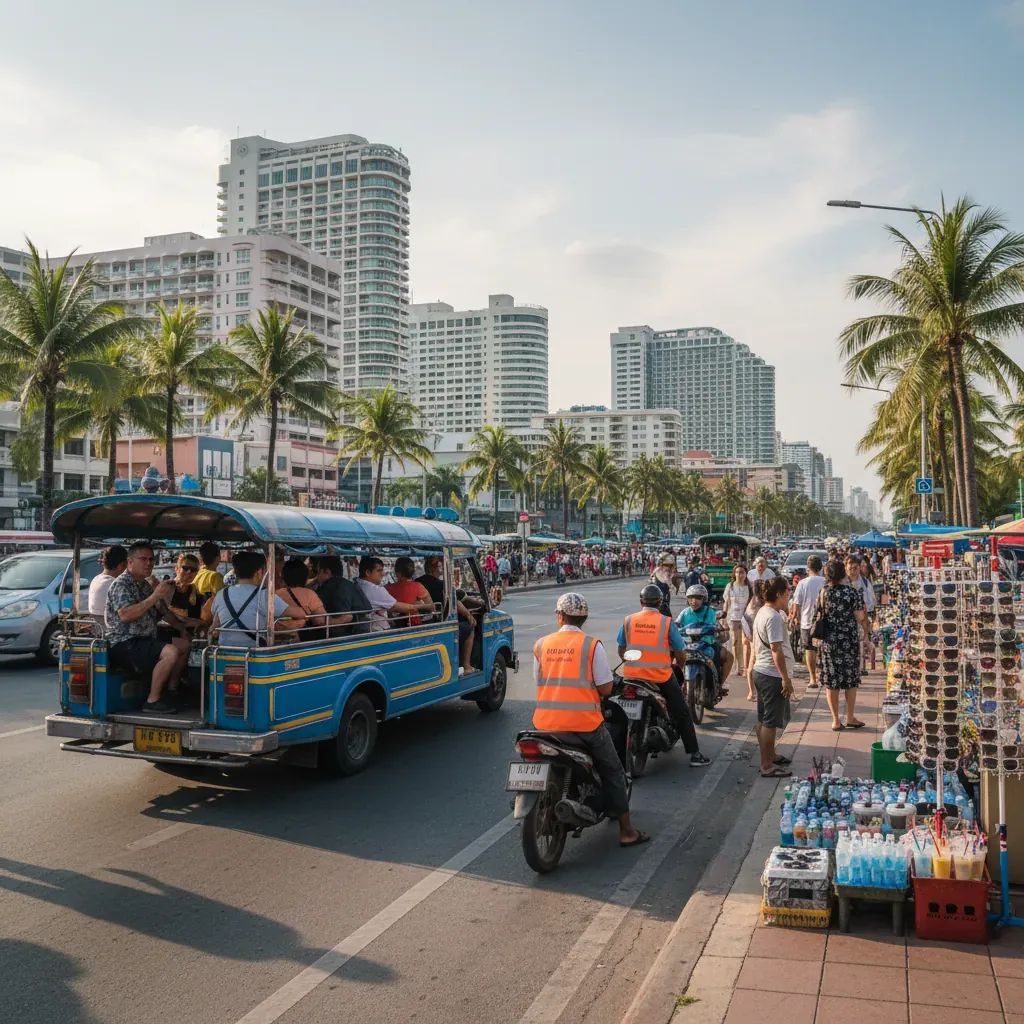 Pattaya street scene with baht bus and motorcycle taxis, representing transport services affected by fare increases