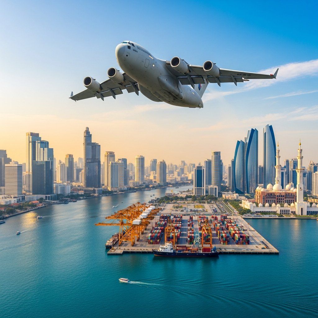 Cargo airplane over shipping port with Bangkok and Abu Dhabi skylines in the background
