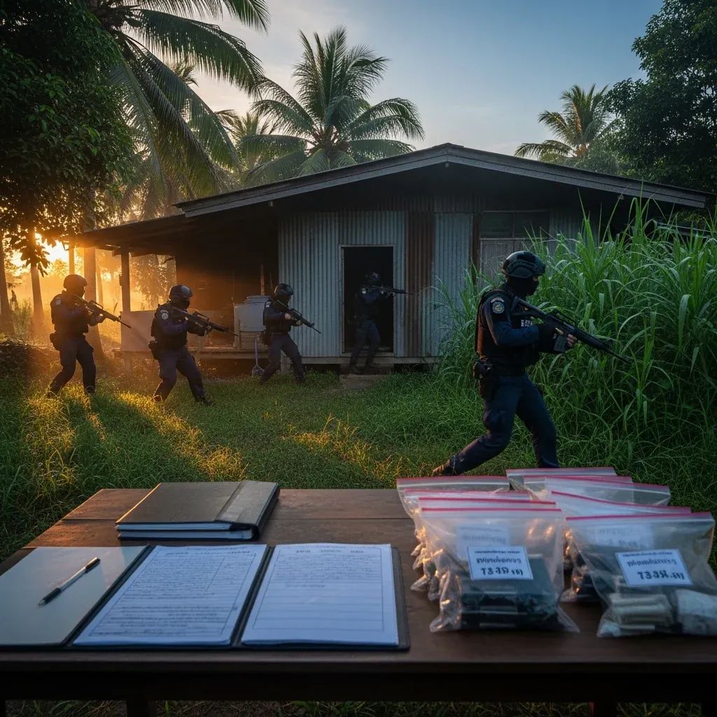 Thai special police unit conducting dawn raid at rural southern Thailand house with evidence bags on table