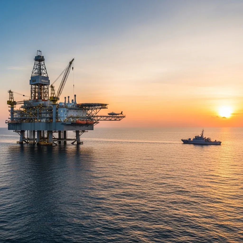 Offshore gas platform and patrol boat in the Gulf of Thailand at sunset
