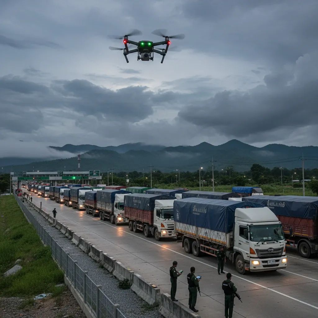 Cargo trucks queued at a Thailand-Cambodia border checkpoint under a surveillance drone