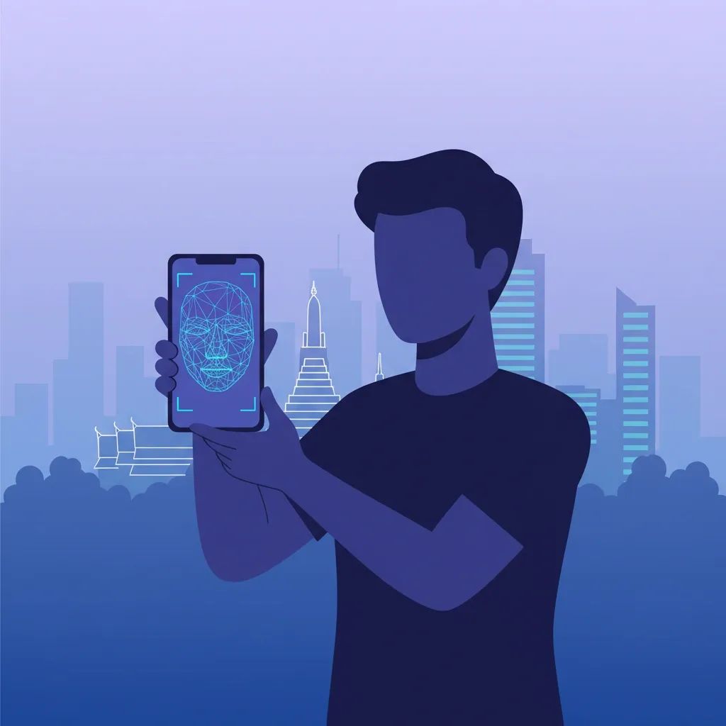 Thai smartphone user undergoing facial scan to prove age for chat app access