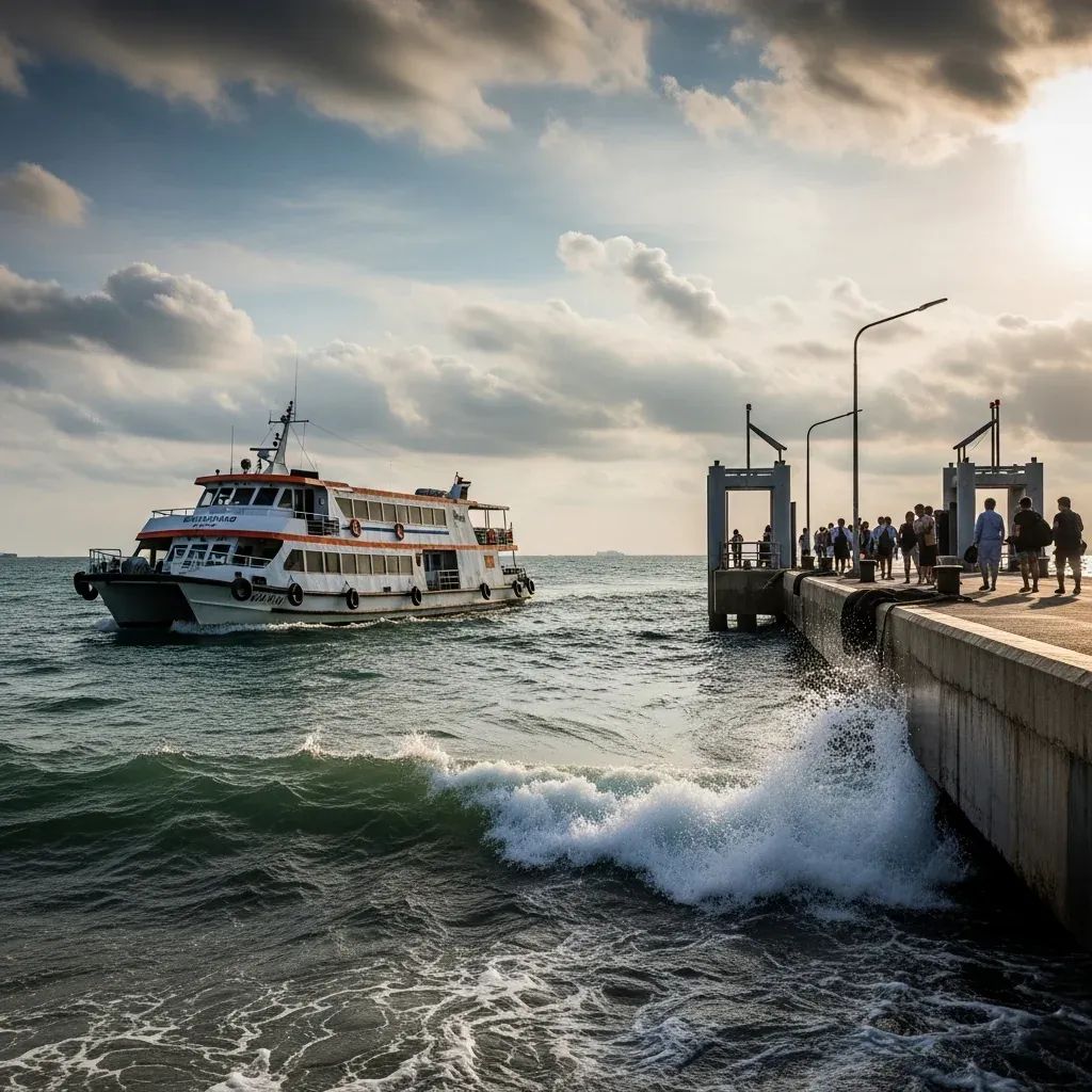 Double-deck ferry docking at Bali Hai Pier in rough seas at Pattaya