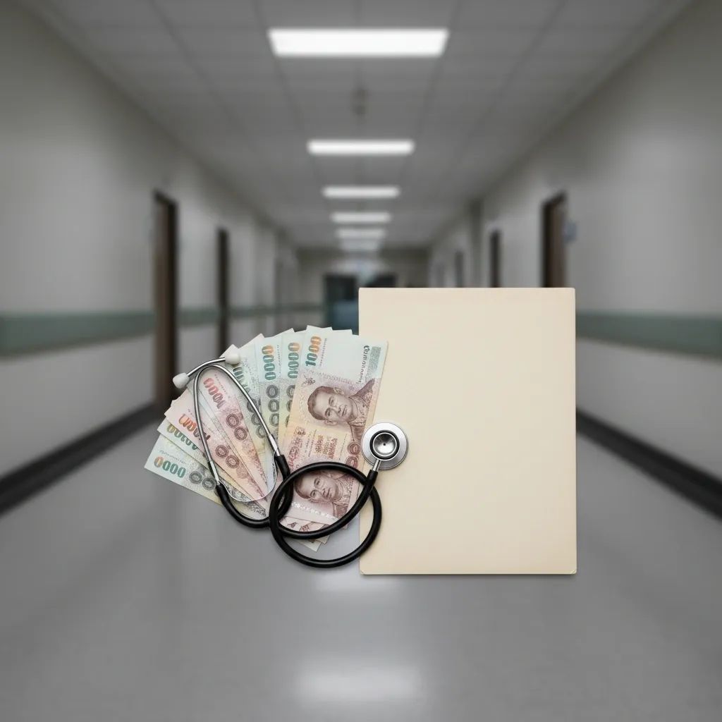 Stethoscope lying on Thai baht notes and a medical file, illustrating funding pressure on Thailand’s public hospitals