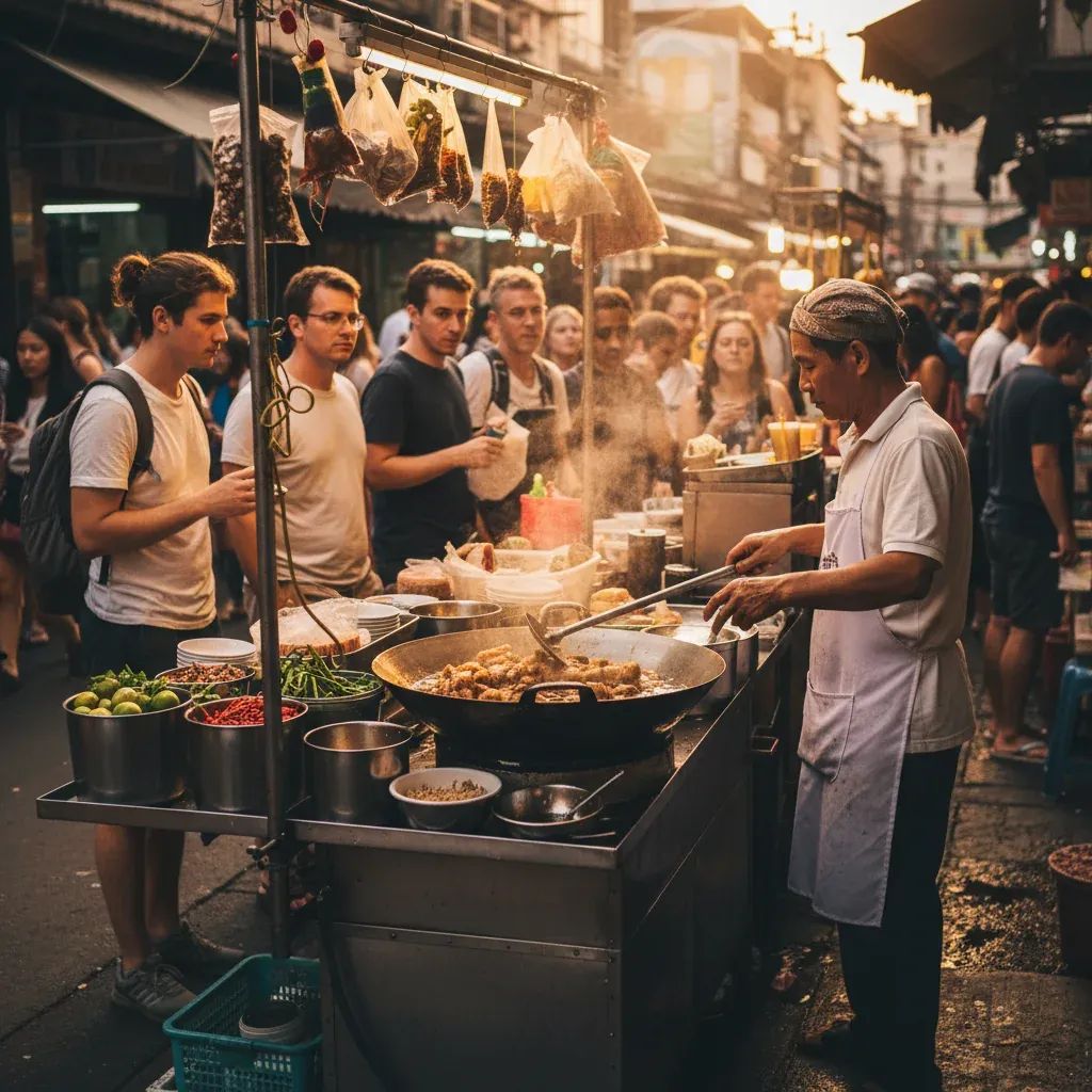 Bangkok street food vendor preparing crispy pork at stall with waiting customers in Khlong Toei market