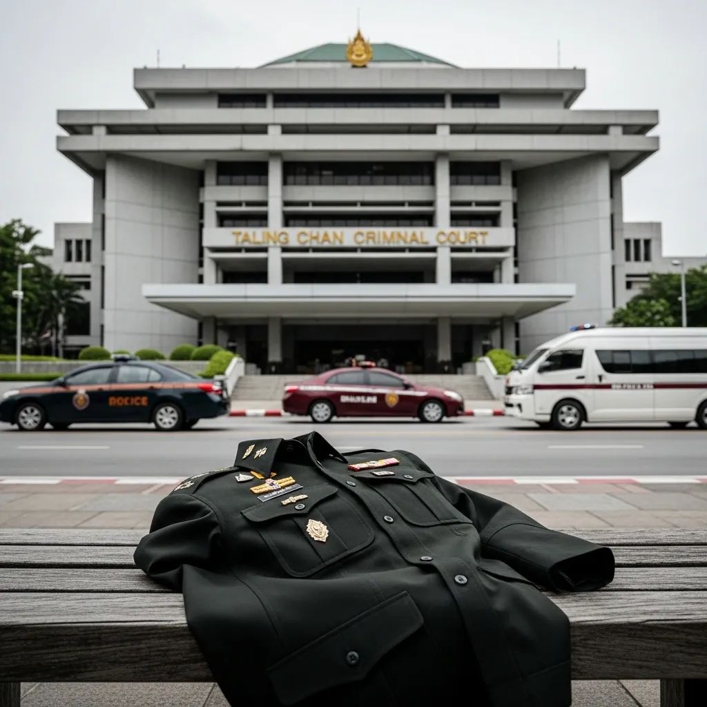 Exterior of Taling Chan Criminal Court with Thai army uniform jacket in foreground