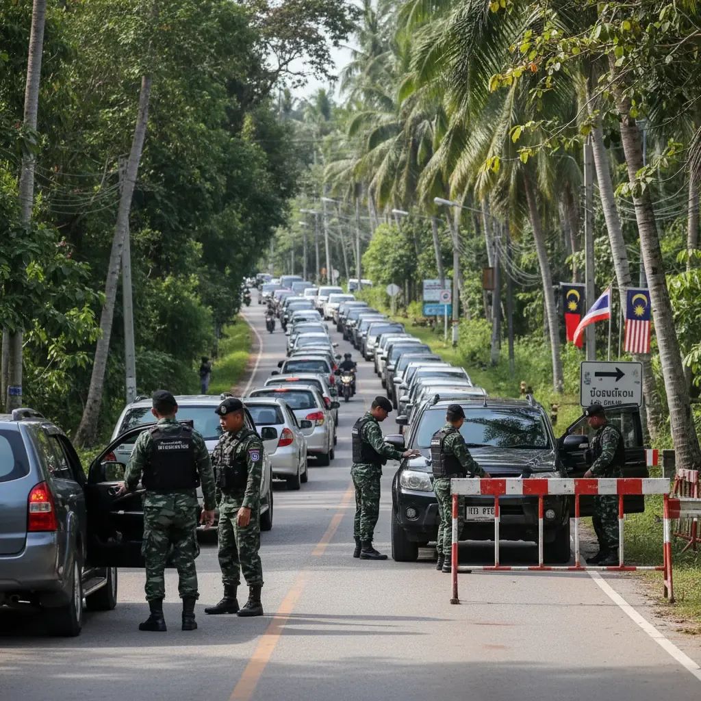 Security personnel inspect cars in a long queue at Narathiwat border checkpoint