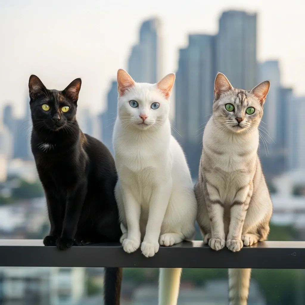 Three Thai cats of different breeds on a condo balcony with Bangkok skyline in background