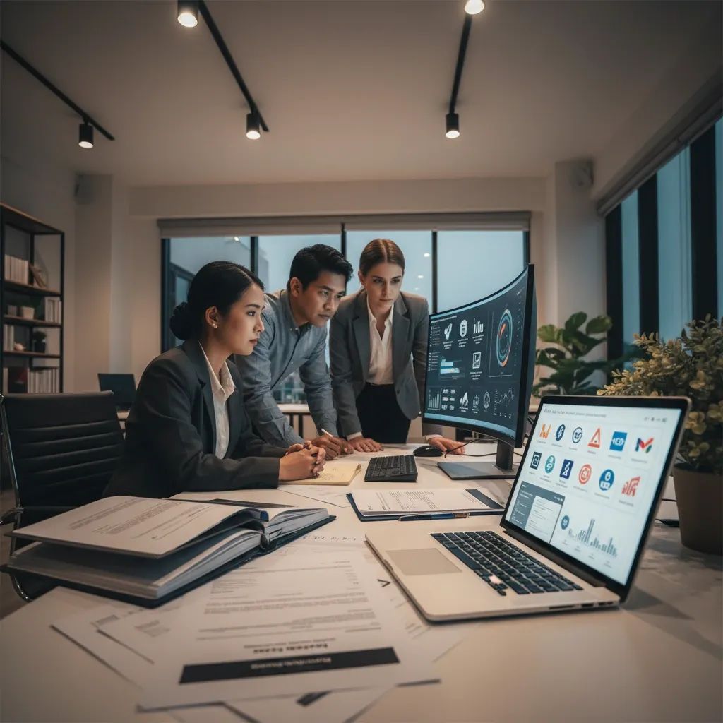 Business professionals reviewing trademark documents and brand logos on office screens