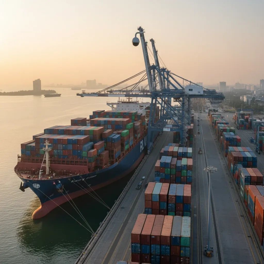 Container ship at Bangkok port with stacked cargo and modern port infrastructure during daytime operations