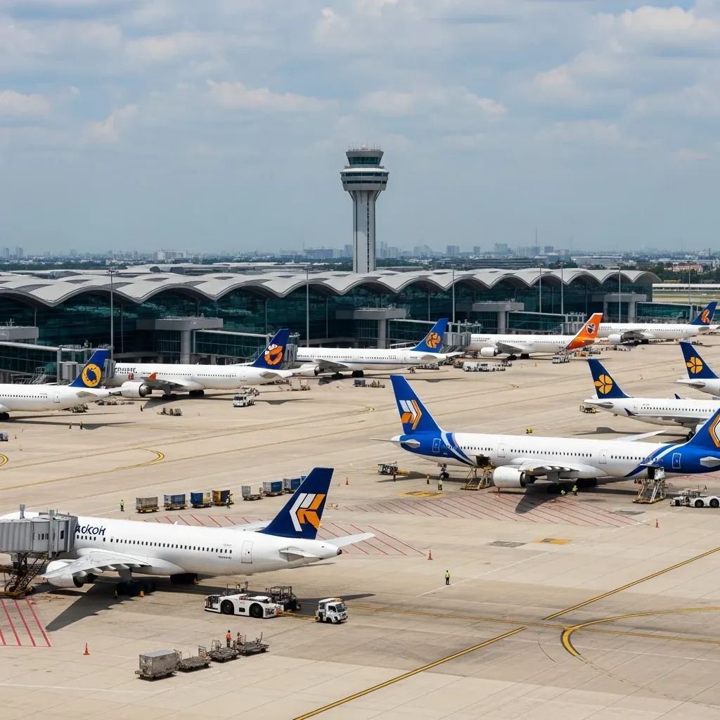Busy Bangkok airport apron with multiple commercial jets at gates and crowded terminal