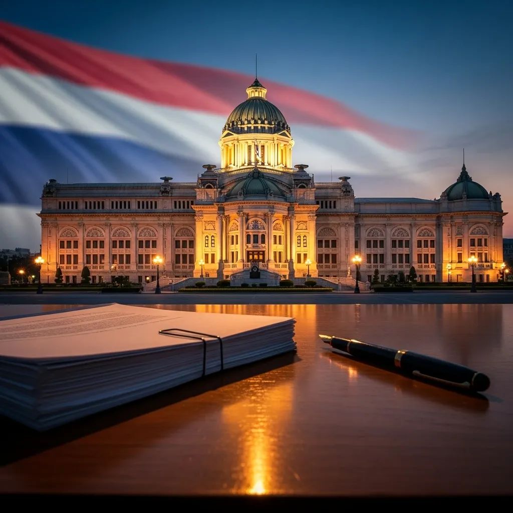 Thailand’s Parliament building at dusk with constitutional draft documents on a desk