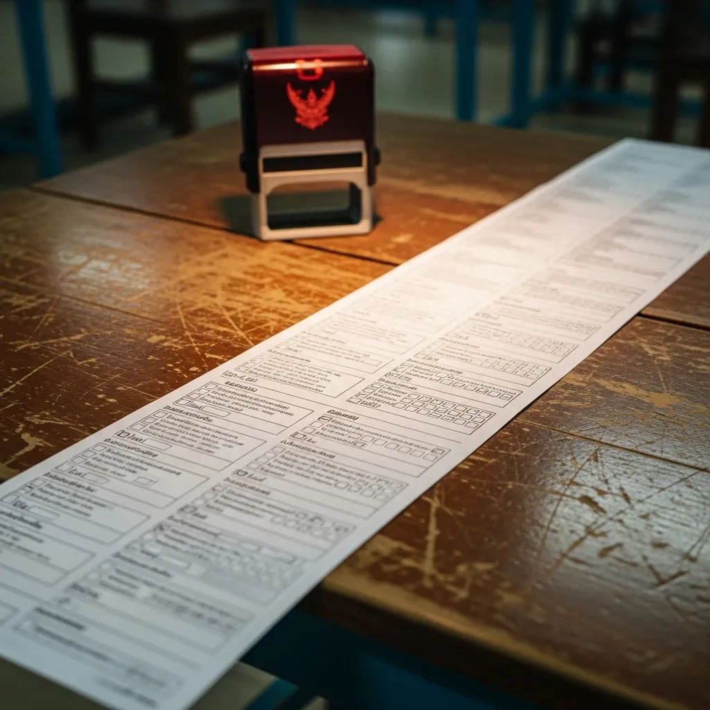 Long Thai ballot paper with dozens of candidate checkboxes on a polling station desk