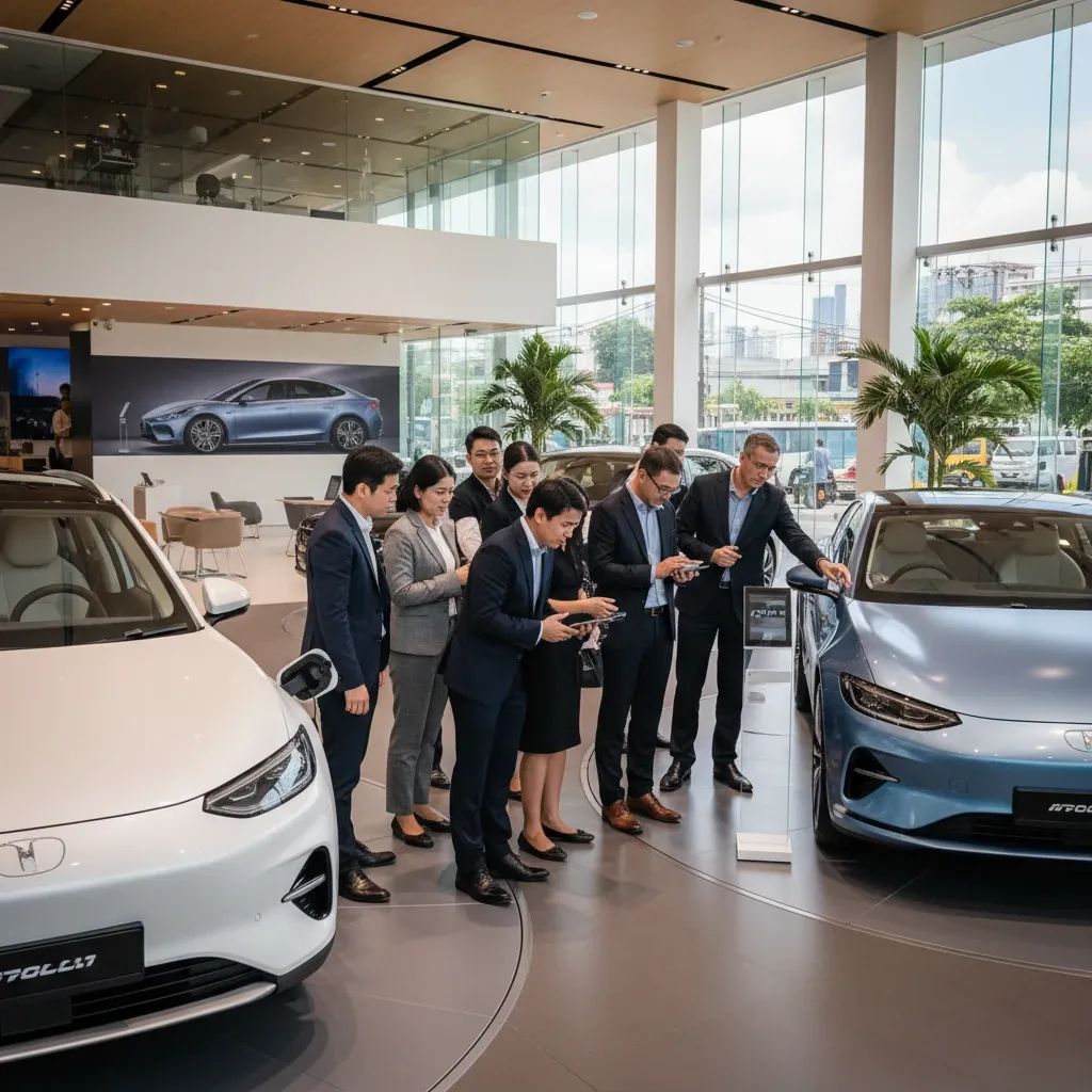 Potential EV buyers reviewing electric vehicles at a modern Thailand dealership showroom