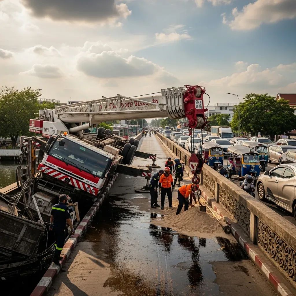Mobile crane truck overturned on a Bangkok historic bridge with rescue crew and traffic jam