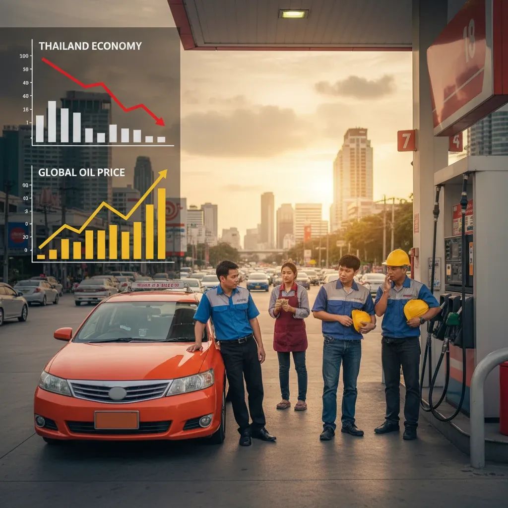 Economic impact visualization showing Thailand workers and rising fuel costs amid geopolitical tensions
