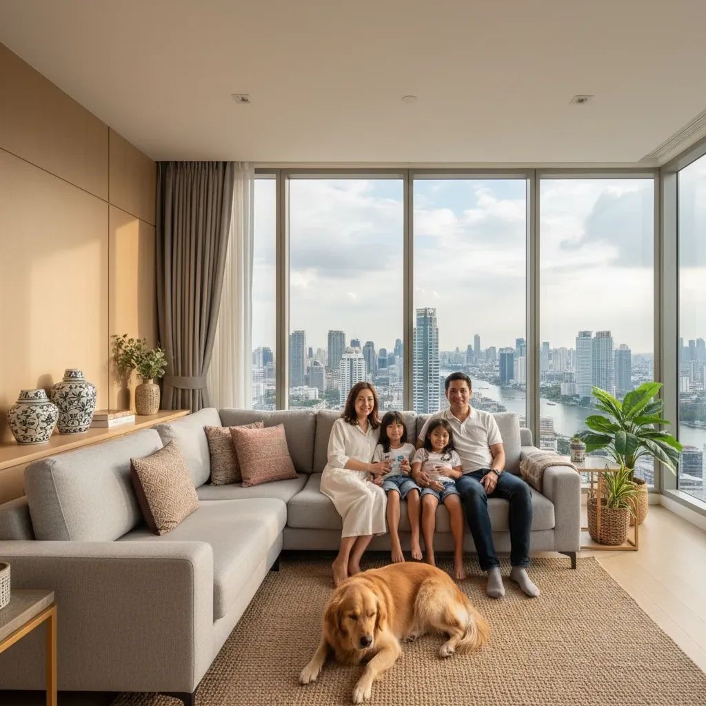 Young family relaxing with their pet dog in a modern Bangkok apartment overlooking the city