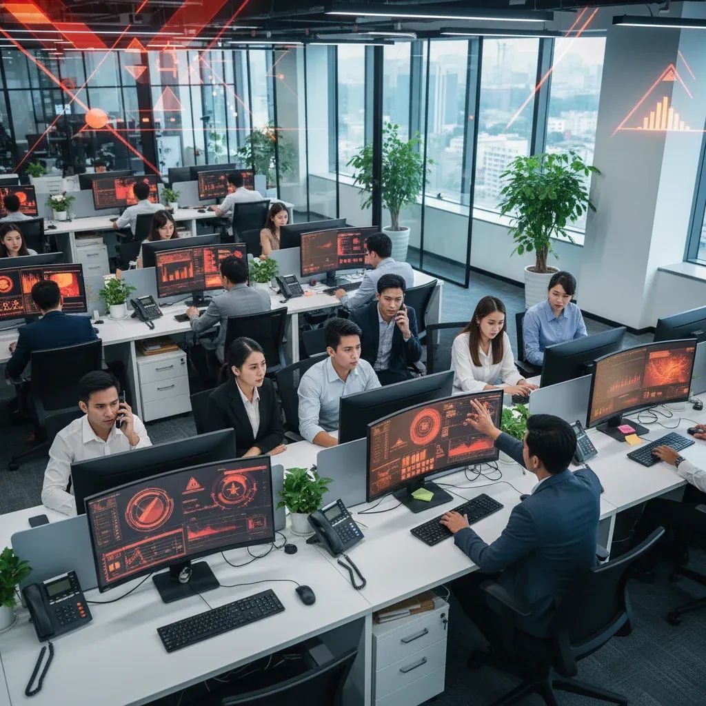 Modern office workspace showing multiple computer workstations and warning graphics related to employment scams