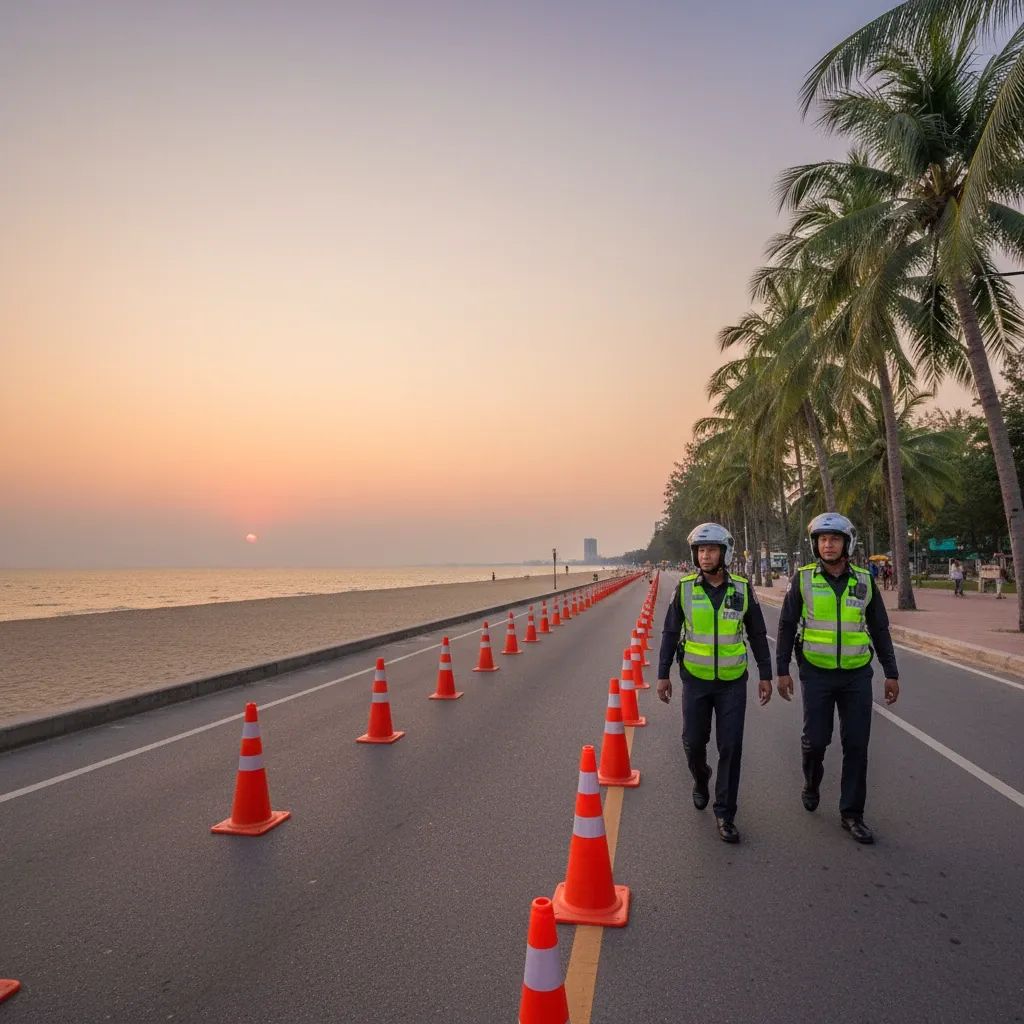 Police officers patrol traffic-coned Pattaya beachfront road at dusk beside palm-lined sand