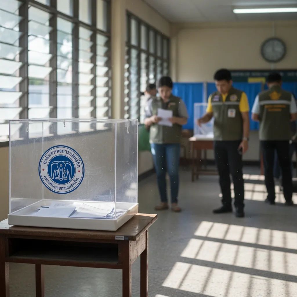 Thai election officials supervise a transparent ballot box inside a local polling station