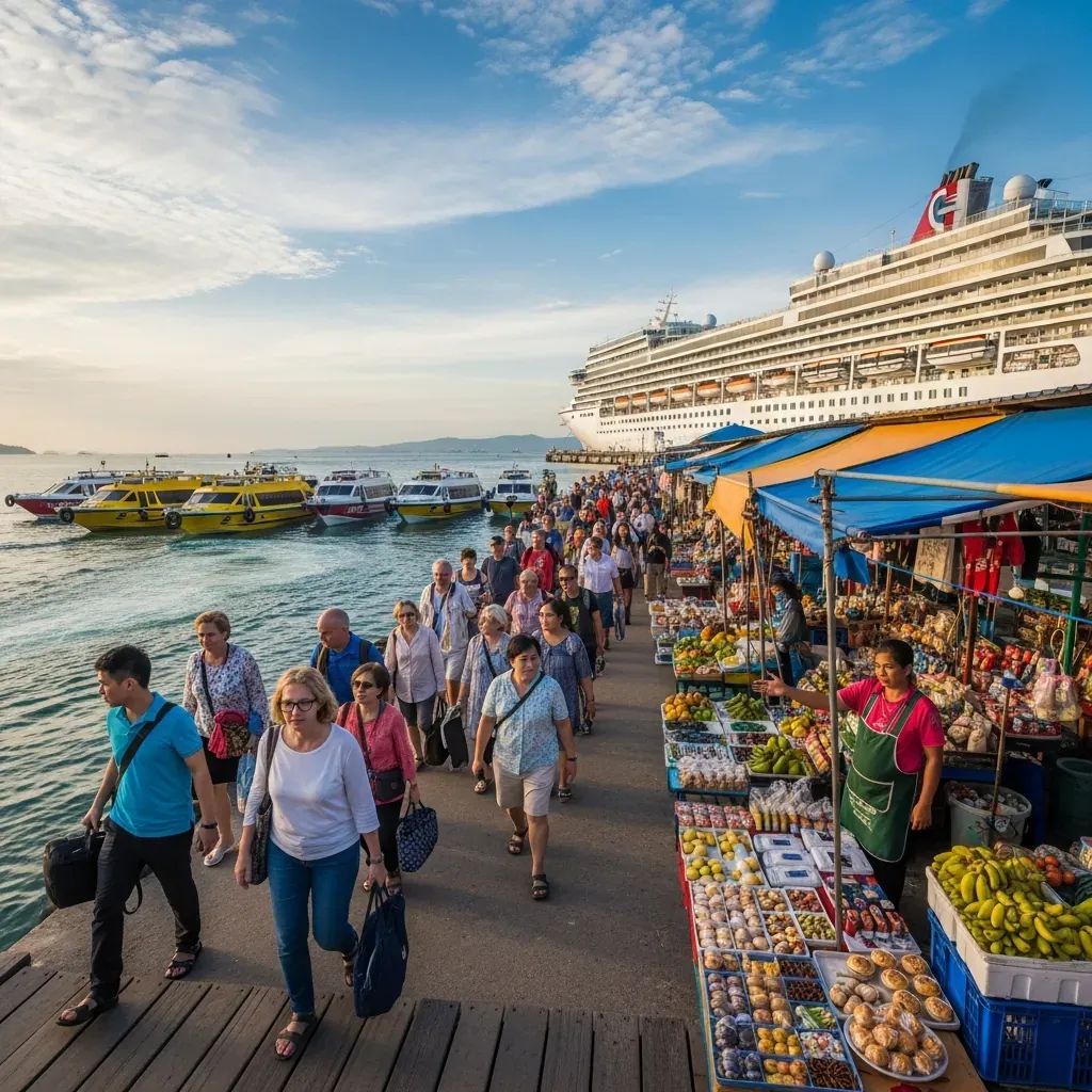 Tourists disembarking from tender boats at Bali Hai Pier in Pattaya with vendors in the background