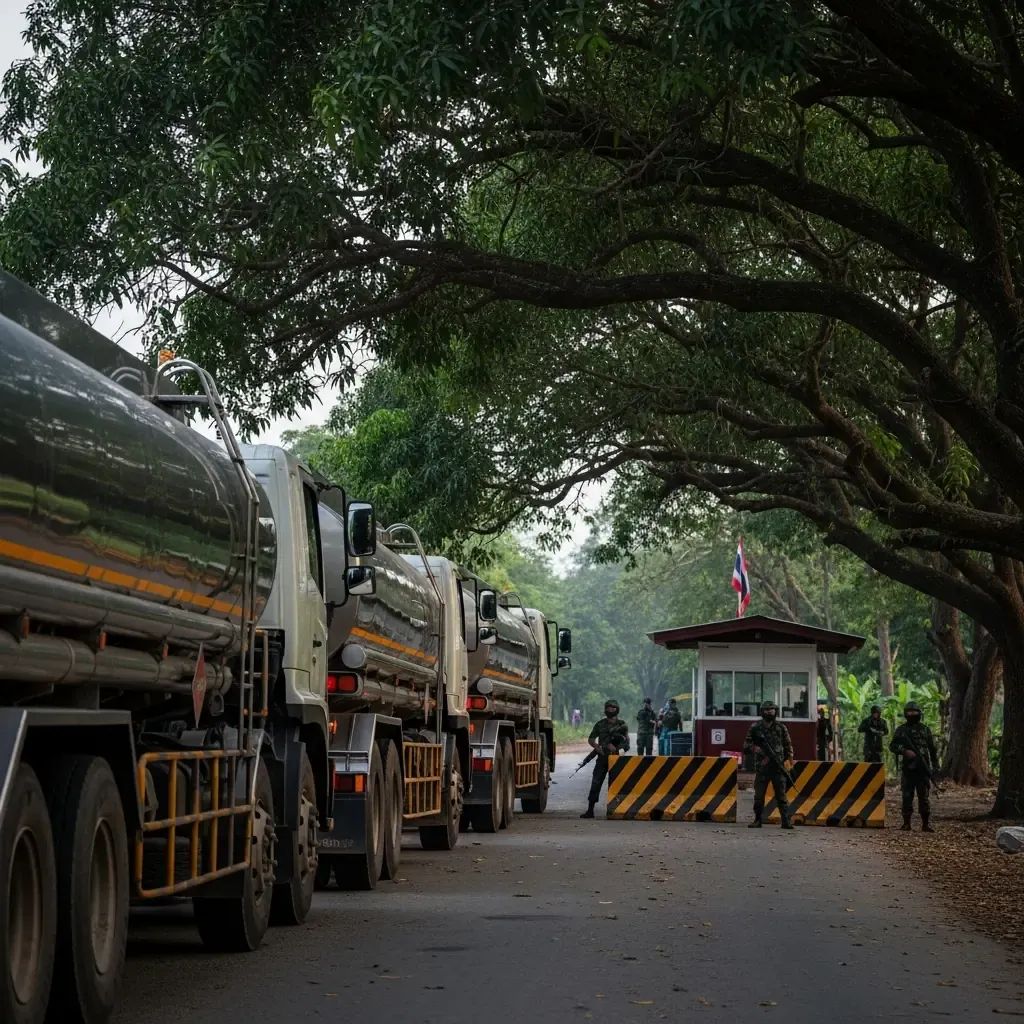 Fuel tanker trucks parked under mango trees at Thai-Cambodia border checkpoint with soldiers in the distance