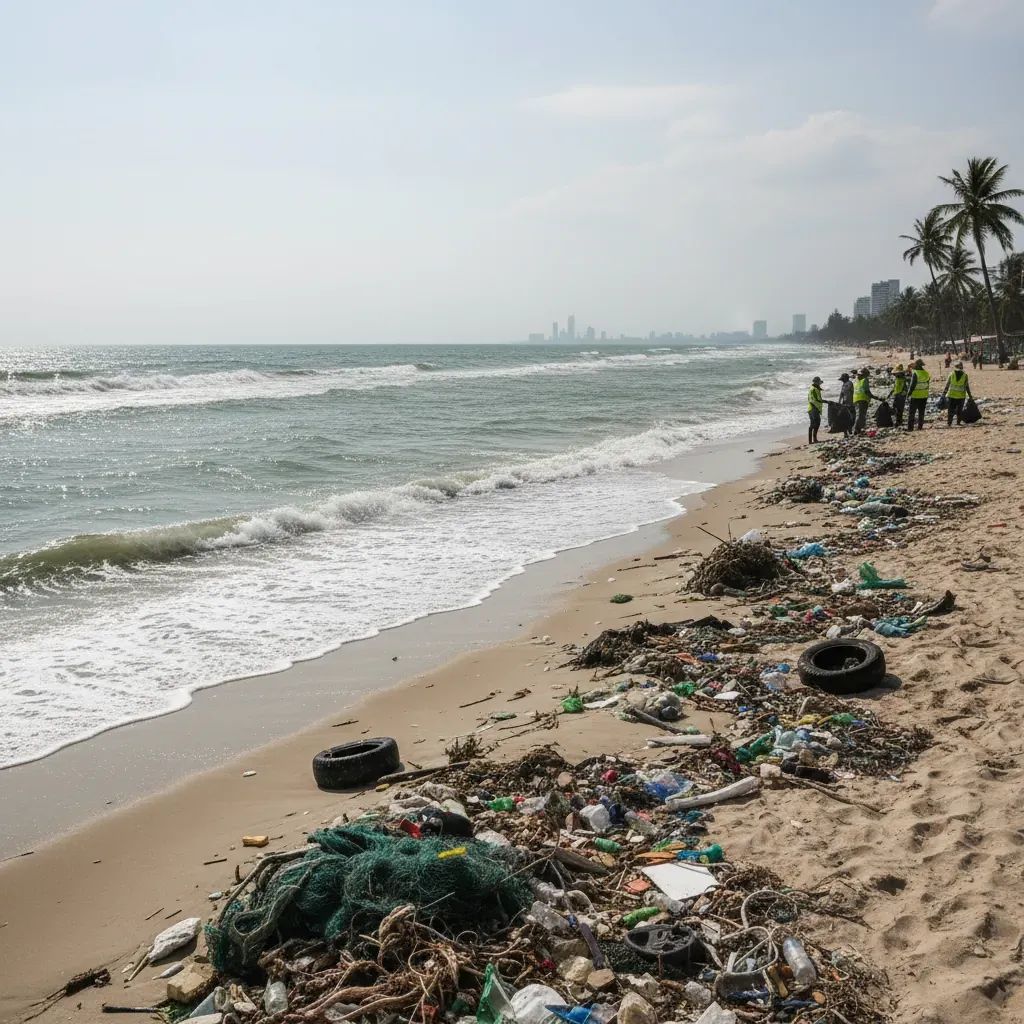 Beach cleanup crews removing plastic debris and waste from Pattaya shoreline after February pollution incident