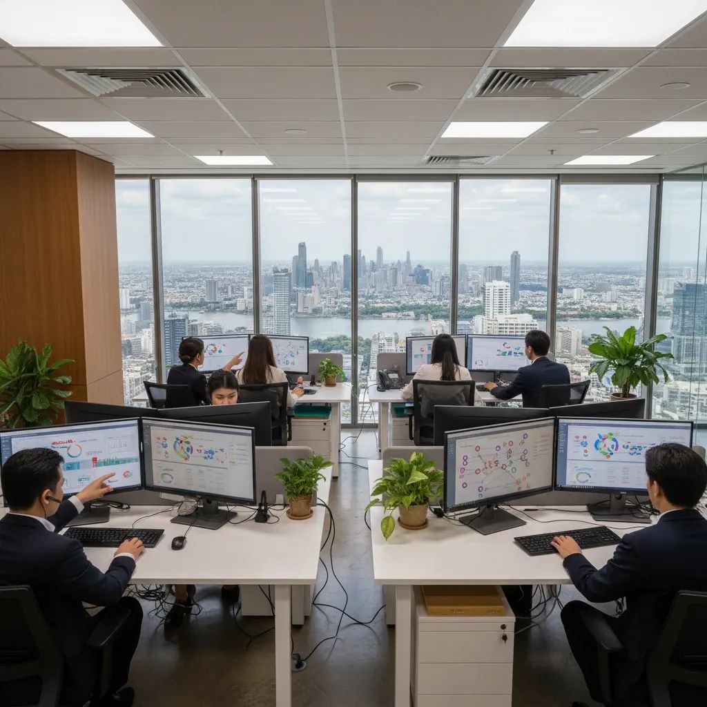 Modern office workplace with professionals using AI-powered business software and automation systems