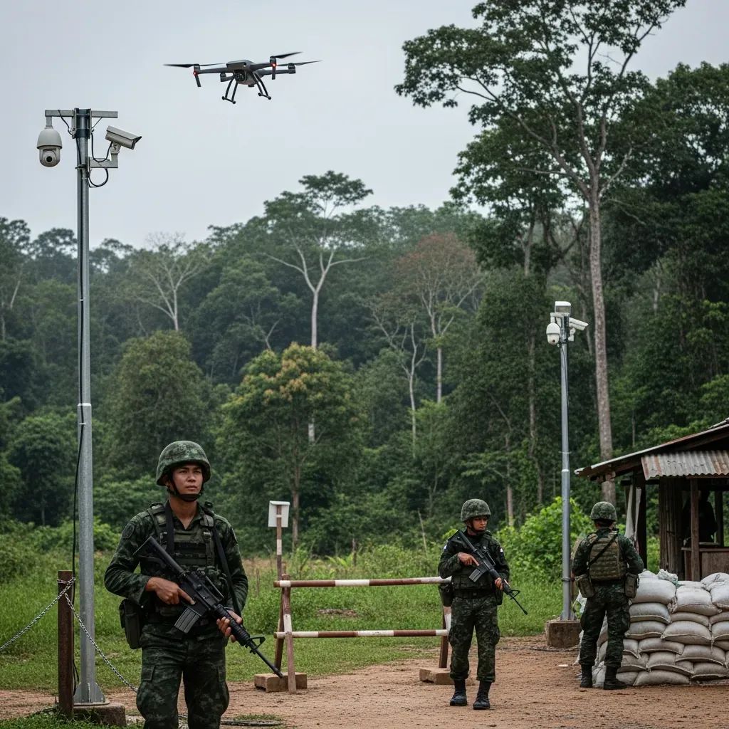 Thai soldiers patrolling a remote border checkpoint with drone and CCTV cameras