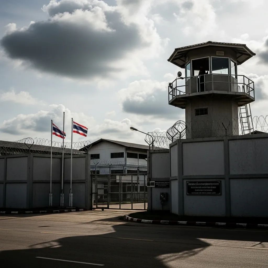 Wide exterior view of Klong Prem prison entrance with guard tower and Thai flags