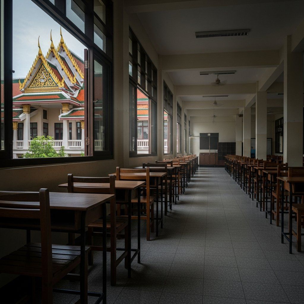 Empty corridor of a private school in Bangkok with unoccupied desks and chairs