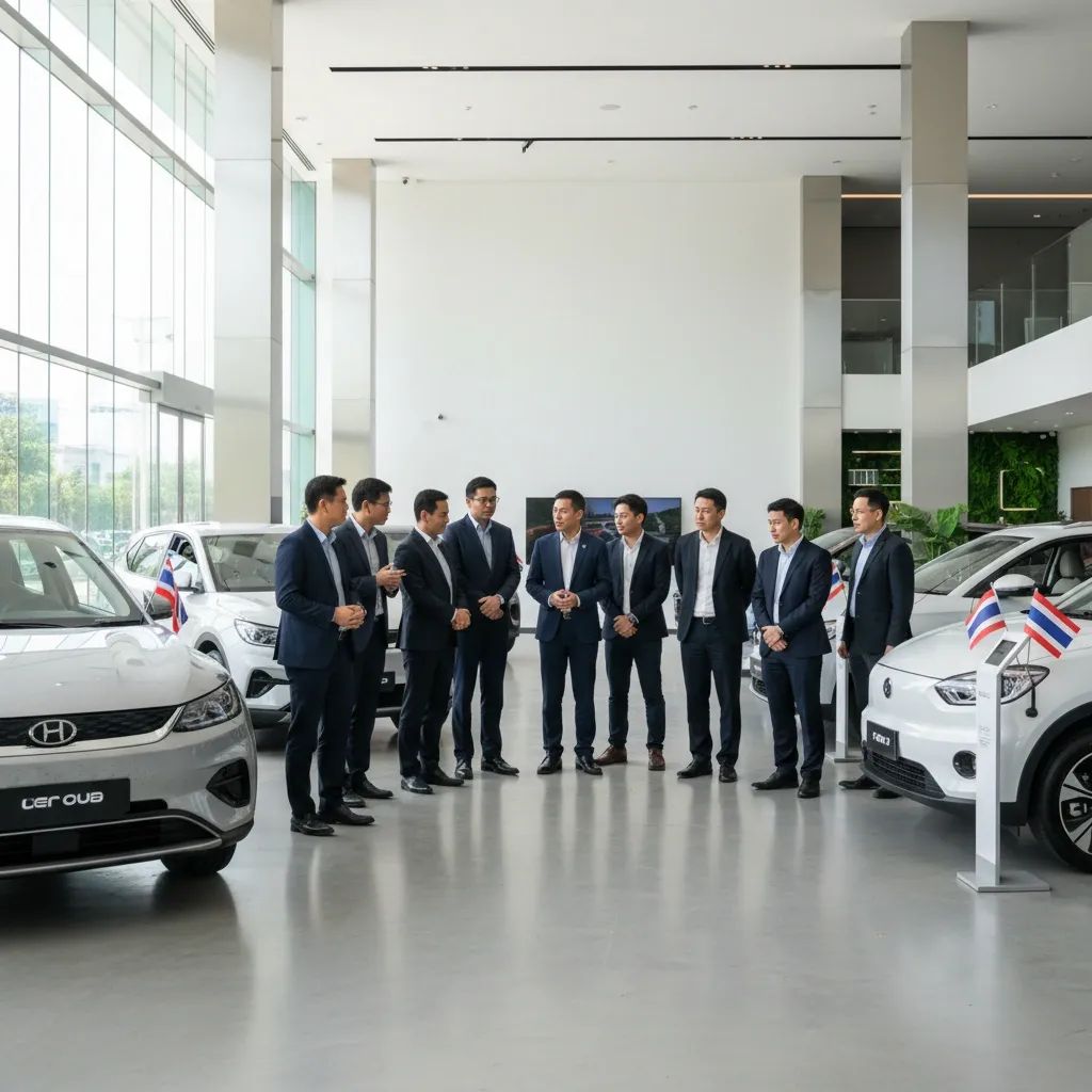 Customers examining electric vehicles at Thai dealership showcasing trade-in program