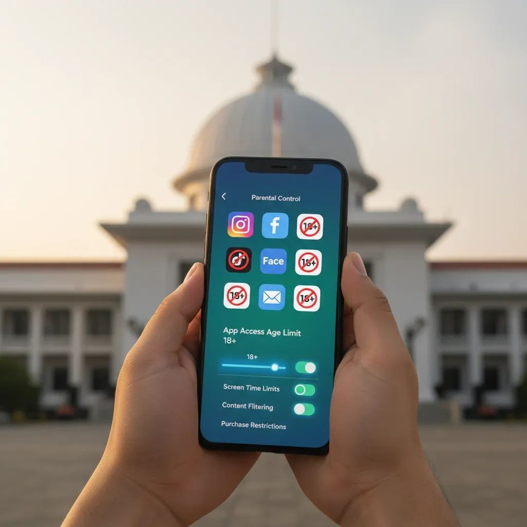 Social media apps with age restriction icons and parental control interface representing Indonesia's new youth protection regulations