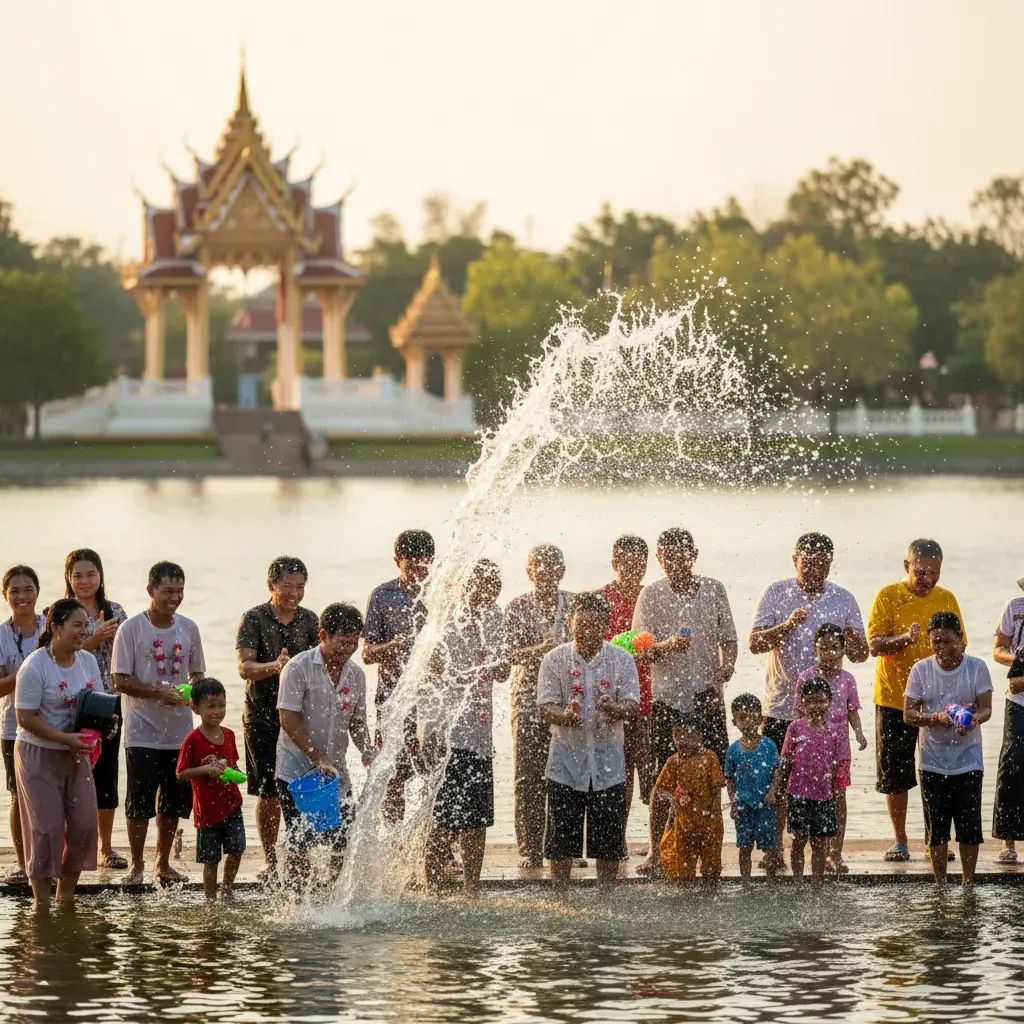 People celebrating safely during Songkran water festival in Thailand with clean water splash